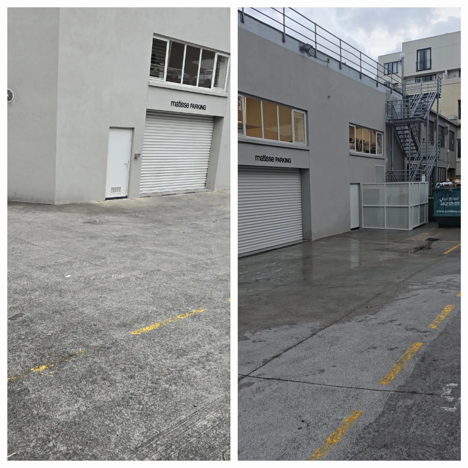 Commercial car park and building, before and after