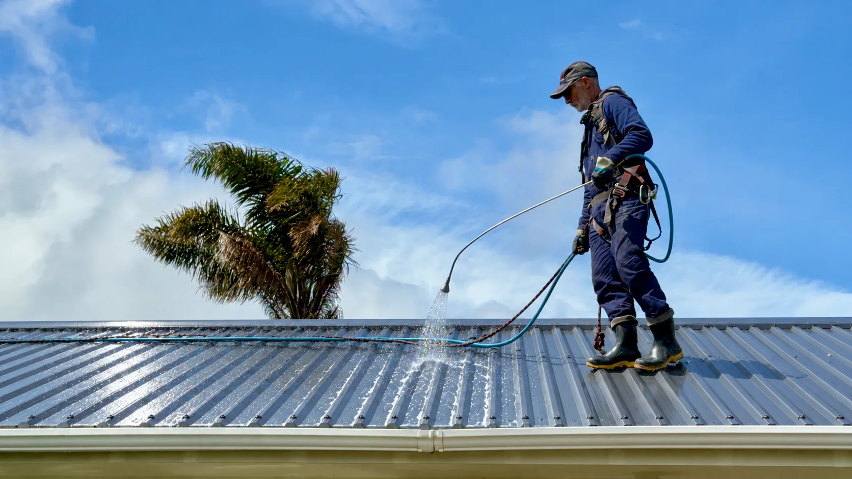 Roof treatment being sprayed onto a metal roof